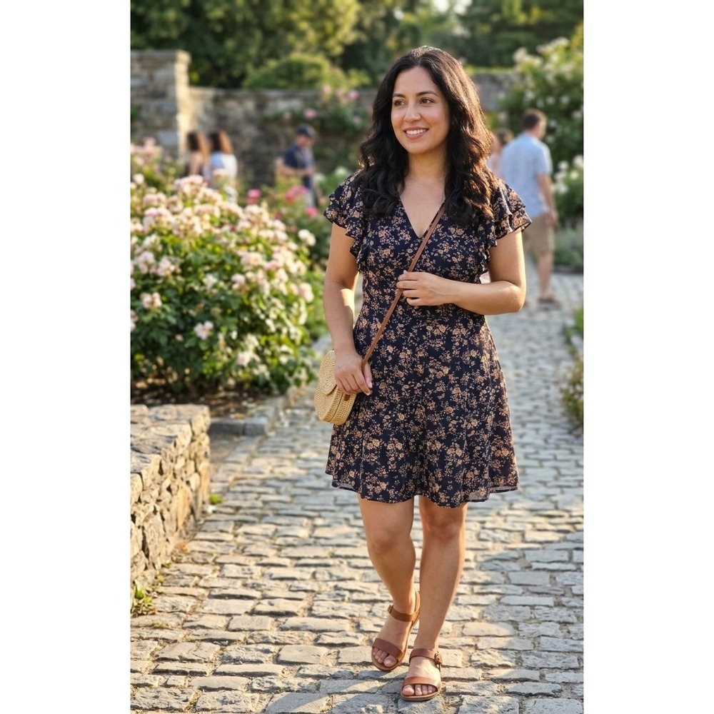 SHEIN VCAY Floral Flutter Sleeve Mini Dress Navy Blue Rose Print V-Neck Large